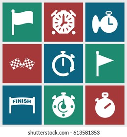 Finish icons set. set of 9 finish filled icons such as stopwatch