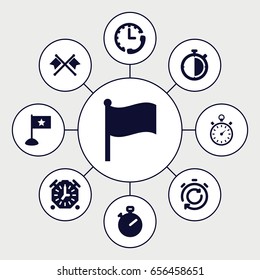 Finish icons set. set of 9 finish filled icons such as stopwatch, flag