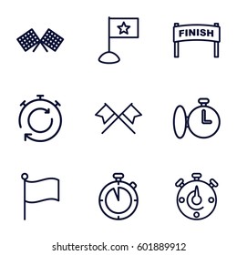 finish icons set. Set of 9 finish outline icons such as stopwatch, flag