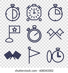 Finish icons set. set of 9 finish outline icons such as stopwatch, finish flag, flag