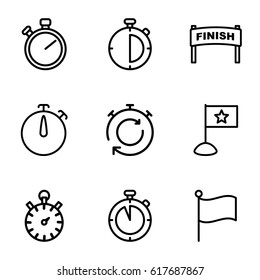Finish icons set. set of 9 finish outline icons such as stopwatch, flag