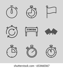 Finish icons set. set of 9 finish outline icons such as stopwatch