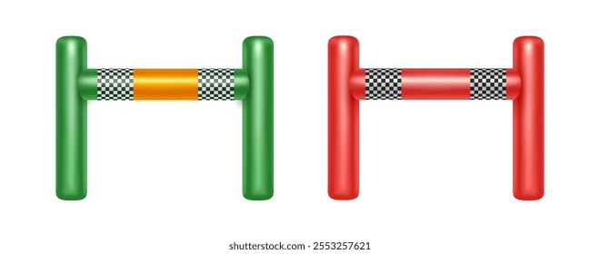 Termine el arco inflable de la carrera para el desafío o el torneo de los deportes. Vector realista conjunto de puertas para el ganador. Globo inflado con la bandera, completando maratón o competición, entrada cuadrada