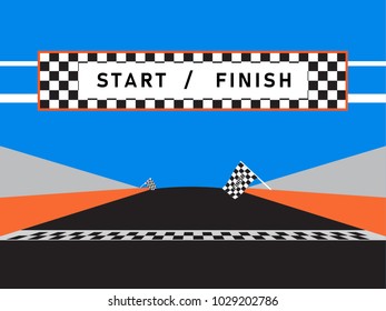 Finish line and checkered flag of race car event in a racetrack with a blue background.  Vector illustration. EPS10