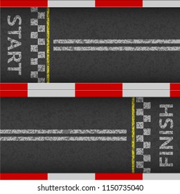 Finish line racing background top view. Start or finish on kart race. Grunge textured on the asphalt road. Abstract concept graphic element. Vector illustration.