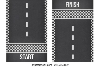 Finish line racing background top view. Start or finish on kart race. Grunge textured on the asphalt road.straight road for auto rally competition with white grid pattern marking on asphalt   Vector