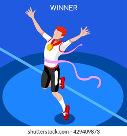 Finish Line Running Man Athletic victory Icon. Win Concept. 3D Isometric Winning Runner Athlete. Sport Athletic Sporting Competition. Infographic Track Field olympic victory Vector People Tokyo 2020