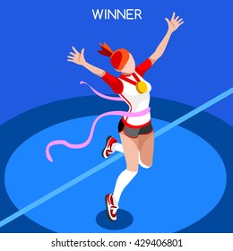 Finish Line Running Woman Athletic Sportswoman Games Icon. Win Concept 3D Isometric Winning Runner Athlete. Sport Athletic Sporting Competition.Sport Infographic Track Field events Vector People Set