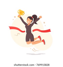 Finish Line Running Wonan Athletic victory Icon. Goal achievement vector concept, flat style happy successful woman holding golden cup award in hand