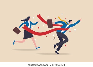 Finish line winner, business competition success victory, race goal or achievement, fast speed or strength leader, motivation to win opportunity concept, businessman champion winner race finish line.