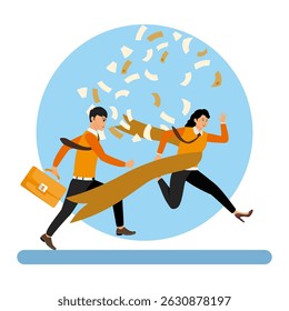 Finish line winner, victory in business competition, motivation to win the concept of opportunity. Two businessmen actively chasing the floating victory ribbon, symbolizing the pursuit of goals.
