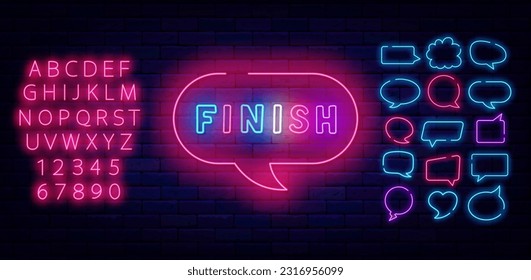 Finish neon signboard. Game winning label. Speech bubbles frames set. Minimal inscription. Glowing advertising. Game design. Virtual reality. Shiny pink alphabet. Vector stock illustration