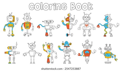 Finish painting all of robots. Funny cartoon characters retro robots. Concept design. Black and white cartoon character. Funny vector illustration. Isolated on white background. Coloring book