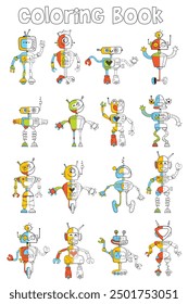 Finish painting all of robots. Paint the robot's other half. Cartoon characters. Black and white cartoon character. Funny vector illustration. Isolated on white background. Coloring book