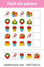 Finish the pattern. Cut and play. Christmas theme. Education developing worksheet. Activity page. Cartoon character.