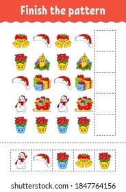 Finish the pattern. Cut and play. Christmas theme. Education developing worksheet. Activity page. Cartoon character.