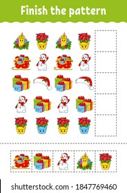 Termina el patrón. Corta y juega. Tema de Navidad. Educación desarrollando hoja de trabajo. Actividad. Caricatura.