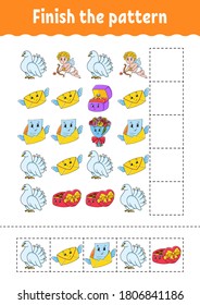 Finish the pattern. Cut and play. Education developing worksheet. Activity page. Valentine's Day. Cartoon character.