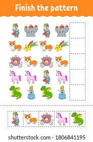 Finish the pattern. Cut and play. Education developing worksheet. Activity page.Cartoon character.