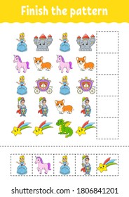 Finish the pattern. Cut and play. Education developing worksheet. Activity page.Cartoon character.