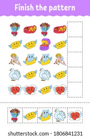 Finish the pattern. Cut and play. Education developing worksheet. Activity page. Valentine's Day. Cartoon character.