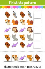 Finish the pattern. Cut and play. Education developing worksheet. Activity page. Cartoon character.