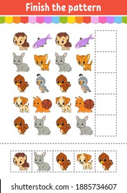 Finish the pattern. Cut and play. Education developing worksheet. Activity page. Cartoon character.