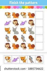 Finish the pattern. Cut and play. Education developing worksheet. Activity page. Cartoon character.