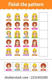 Finish the pattern. Cut and play. Education developing worksheet. Activity page. cartoon character. Vector illustration.