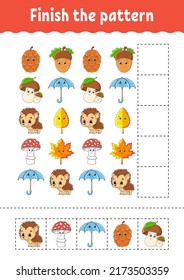 Finish the pattern. Cut and play. Education developing worksheet. Autumn theme. Activity page. cartoon character. Vector illustration.