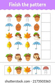 Finish the pattern. Cut and play. Education developing worksheet. Autumn theme. Activity page. cartoon character. Vector illustration.