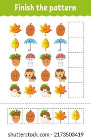 Finish the pattern. Cut and play. Education developing worksheet. Autumn theme. Activity page. cartoon character. Vector illustration.