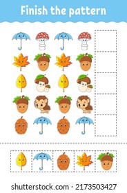 Finish the pattern. Cut and play. Education developing worksheet. Autumn theme. Activity page. cartoon character. Vector illustration.