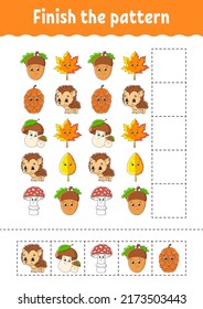 Finish the pattern. Cut and play. Education developing worksheet. Autumn theme. Activity page. cartoon character. Vector illustration.