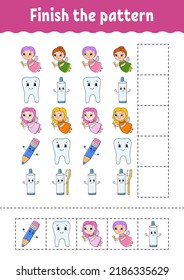 Finish the pattern. Cut and play. Education developing worksheet. Activity page. cartoon character. Vector illustration.