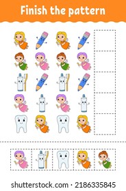 Finish the pattern. Cut and play. Education developing worksheet. Activity page. cartoon character. Vector illustration.