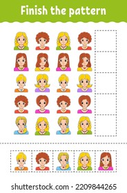 Finish the pattern. Cut and play. Education developing worksheet. Activity page. cartoon character. Vector illustration.