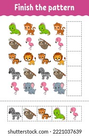 Finish the pattern. Cut and play. Education developing worksheet. Activity page. cartoon character. Vector illustration.