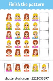 Finish the pattern. Cut and play. Education developing worksheet. Activity page. cartoon character. Vector illustration.