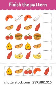Termina el patrón. Corta y juega. Educación desarrollando hoja de trabajo. Actividad. personaje de dibujos animados. Ilustración vectorial.