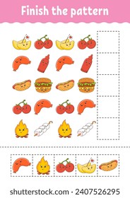Finish the pattern. Cut and play. Education developing worksheet. Activity page. cartoon character. Vector illustration.