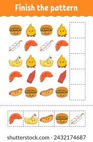 Finish the pattern. Cut and play. Education developing worksheet. Activity page. cartoon character. Vector illustration.