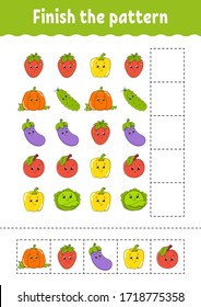 Termina el patrón. Corta y juega. Frutas y verduras. Hoja de trabajo de desarrollo de la educación. Página de actividad.Carácter de dibujo.