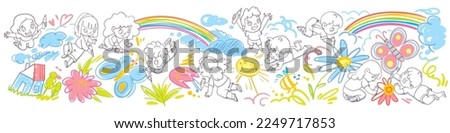 Finish the picture. Children Coloring Book. Children draw scribbles on the floor and wall with colored crayons. Colorful cartoon characters. Funny vector illustration. Isolated on white background