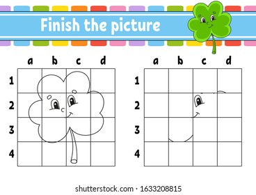 Finish the picture. Clover shamrock. Coloring book pages for kids. Education developing worksheet. Game for children. Handwriting practice. Cartoon character. Vector illustration.