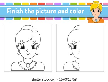 Finish the picture and color. Cartoon character isolated on white background. For kids education. Activity worksheet.