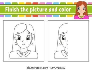 Finish the picture and color. Cartoon character isolated on white background. For kids education. Activity worksheet.