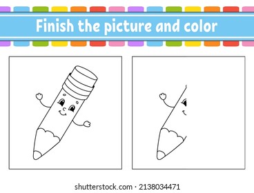 Finish the picture and color. cartoon character isolated on white background. For kids education. Activity worksheet.
