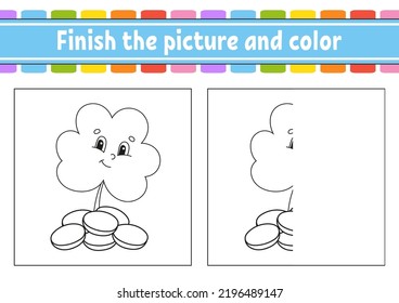 Finish the picture and color. cartoon character isolated on white background. For kids education. Activity worksheet. Vector illustration.