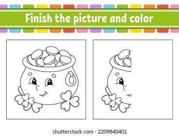 Finish the picture and color. cartoon character isolated on white background. For kids education. Activity worksheet. Vector illustration.